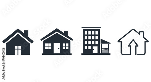 Set of four simple house icons including apartment building and upward arrow symbol vector