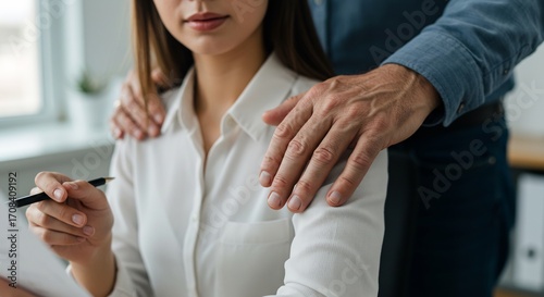 Inappropriate Touch on Female Worker's Shoulder by Male Colleague Illustrates Workplace Harassment and Professional Boundary Violation