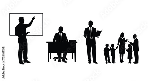 Teacher with students and businessman in meeting silhouette scenes for education and business concepts vector