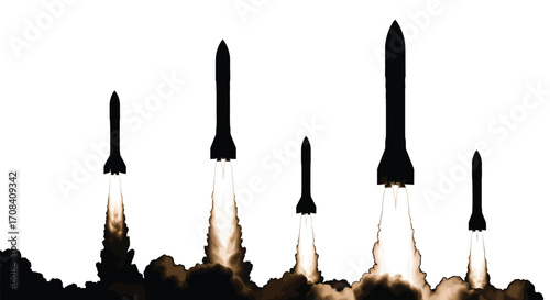 Multiple rockets launch simultaneously igniting powerful plumes of smoke and fire symbolizing space exploration. vector
