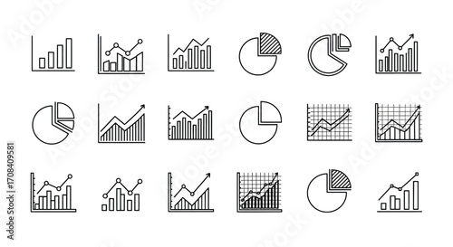 Hand drawn charts and graphs icon set for business data analysis and financial reporting vector