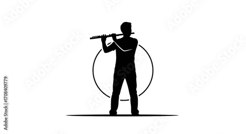 Captivating silhouette of a musician gracefully playing the flute, framed by a minimalist circle