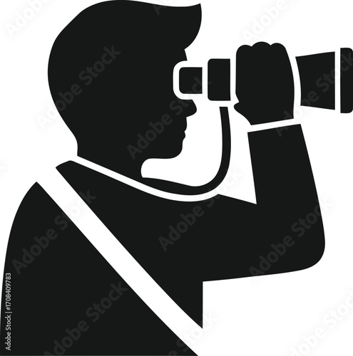 Silhouette of a man with binoculars looking forward on transparent background