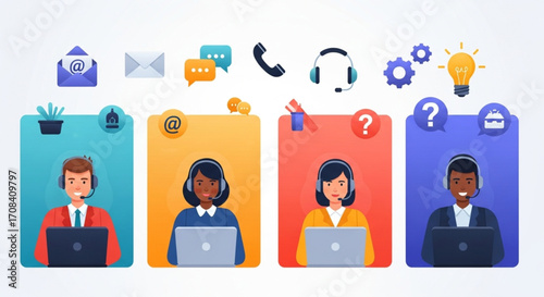 Online technical support and customer care concept with a multicultural team of operators providing helpdesk assistance