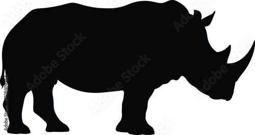 Black Silhouette of a Rhinoceros Standing Profile View on transparent background
