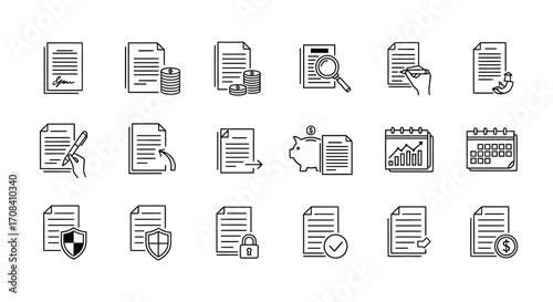 Set of hand-drawn document icons for business and finance operations management vector