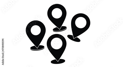 Four black hand drawn location pins spread out in a loose group vector