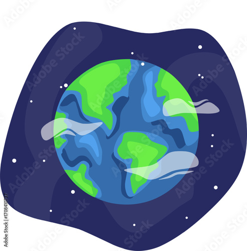 Earth globe illustration with continents and ocean in modern colorful style on outer space background with shining stars for education environment awareness geography project and global graphic