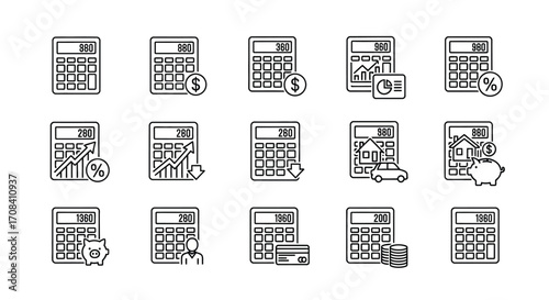 Collection of calculator icons representing financial concepts and calculations symbols for business vector