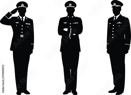 PrintSilhouette vector illustration of military officers in uniform, saluting, standing, and posing to represent discipline, leadership, and armed forces service.