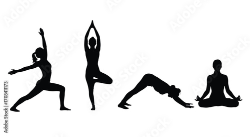 Diverse yoga poses silhouette collection practicing wellness and flexibility for mind and body vector