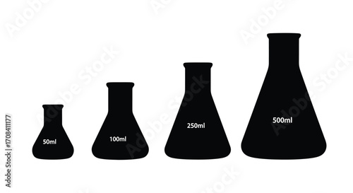 Four black laboratory erlenmeyer flasks of varying sizes labeled for science experiments vector