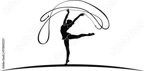 Rhythmic gymnast silhouette with ribbon, elegant pose on curved stage, black and white vector illustration, motion, grace, performance icon