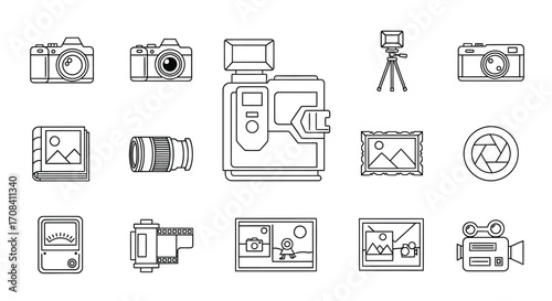 Sketchy camera equipment icons and photography symbols for creative design projects vector