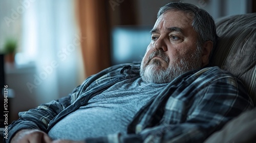 A pensive overweight man sits in a chair, lost in thought.  His expression is somber