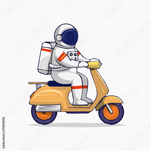 Whimsical astronaut character commuting on a stylish moped, modern flat vector design with minimal outline for a futuristic delivery concept