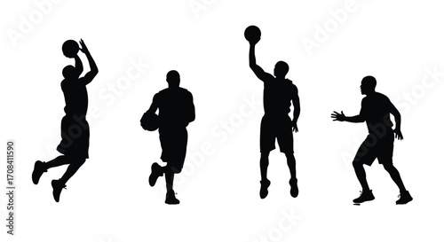 Dynamic basketball player silhouettes capturing game action shots in silhouette vector