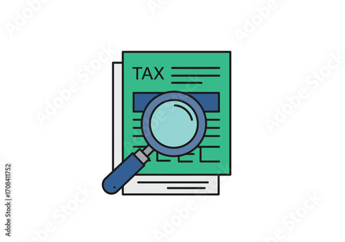 Minimalist vector graphic showing a detailed examination of a tax return form, representing financial auditing and tax preparation services