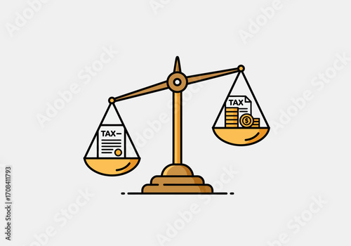 Balancing taxes and income on a justice scale. Conceptual illustration of financial fairness, payment obligation, and budget management