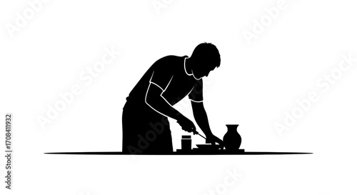 Skilled artisan shaping clay on workbench, creating a beautiful ceramic vase with focus and precision