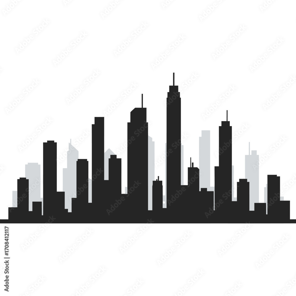 Naklejka premium Modern City Skyline Vector, Minimal Urban Illustration, Flat Buildings Clipart, Simple Architecture Design Isolated on White