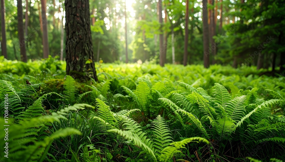 Fototapeta premium Lush ferns and trees under a bright, sunlit canopy in a vibrant, tranquil forest scene