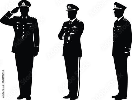 PrintSilhouette vector of military officers in uniform, saluting, standing, and crossing arms, representing honor, discipline, leadership, patriotism, and professional armed forces service.