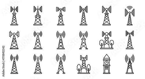 Set of 15 diverse communication tower icons simple line drawings for connectivity and signal concepts vector