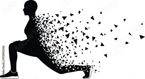 Lunge exercise silhouette with fragmented effect, black and white vector illustration, fitness motion, transformation icon, athletic pose, energy burst