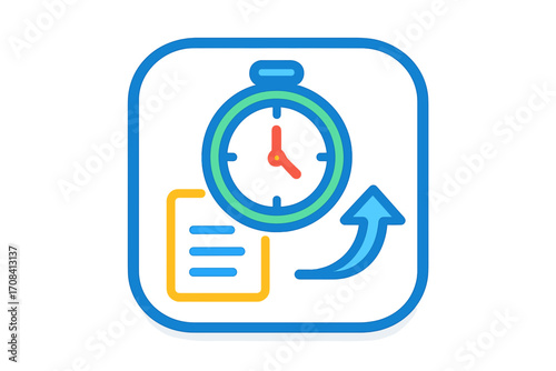 Timer clock with checklist and upward arrow in flat design  