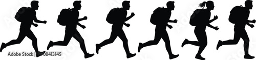 PrintSilhouette vector illustration of people running with backpacks, side view of active men and women jogging for fitness and travel