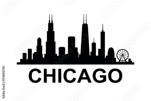 Black silhouette of iconic Chicago city skyline illustration