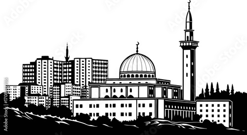 Vector art of silhouette of damascus skyline, displaying its historical architecture and urban layout