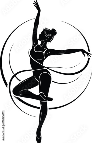 Rhythmic gymnast silhouette with ribbon, elegant dance pose, black and white vector, graceful motion, athletic art, performance icon