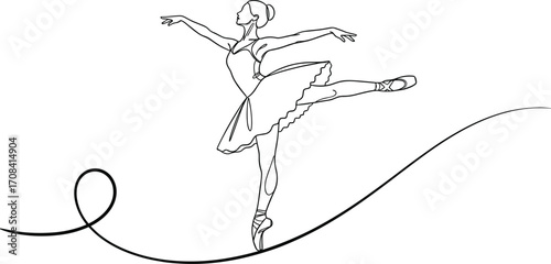 Ballerina silhouette in arabesque pose, ballet dancer line art, black and white vector, graceful motion, tutu, dance elegance icon