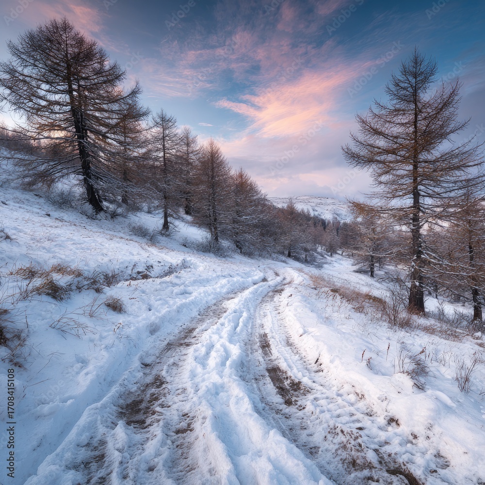 Fototapeta premium Snowy mountain path at sunset