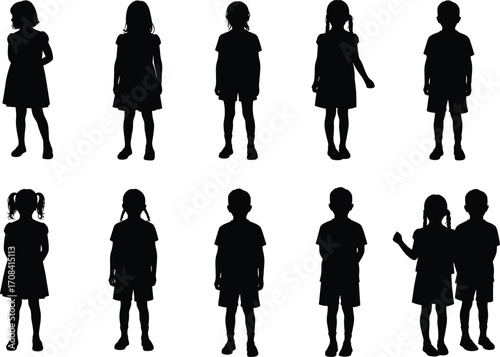 PrintSilhouettes of boys and girls standing in various poses, kids together and alone, representing childhood innocence, friendship, diversity, and playful youth concept illustration.