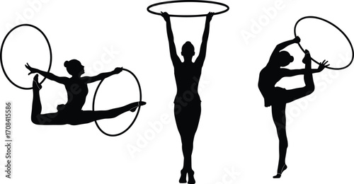 Rhythmic gymnastics silhouette with hoop, athletic women poses, vector illustration, flexibility, dance motion, black and white, sports art