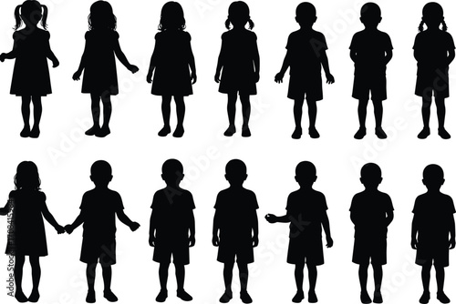 PrintSilhouettes of boys and girls standing, holding hands, diverse kids in different poses, perfect for childhood, friendship, and innocence concepts.
