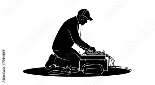 Dynamic DJ mixing beats with headphones on, capturing the energy of a live performance