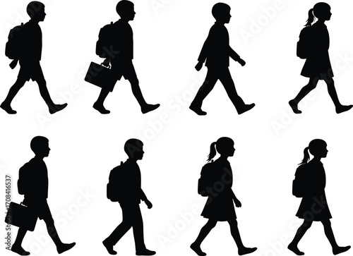 PrintSilhouettes of boys and girls walking with backpacks and briefcases, school children going to school, vector illustration set