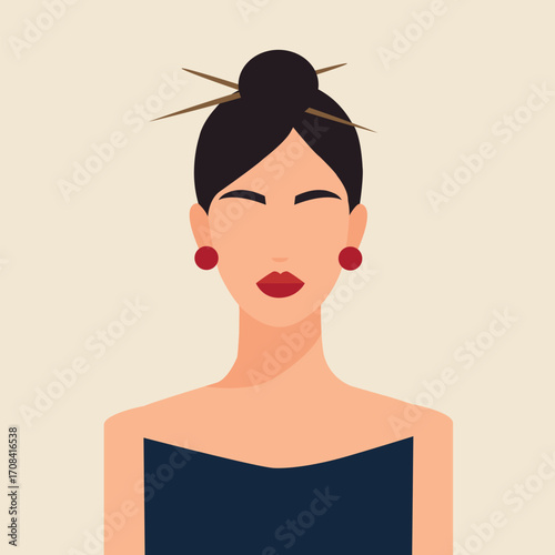 Elegant Woman Portrait in Flat Style with Hair Bun and Chopsticks. Minimalist flat design suitable for fashion, beauty, or lifestyle concepts.