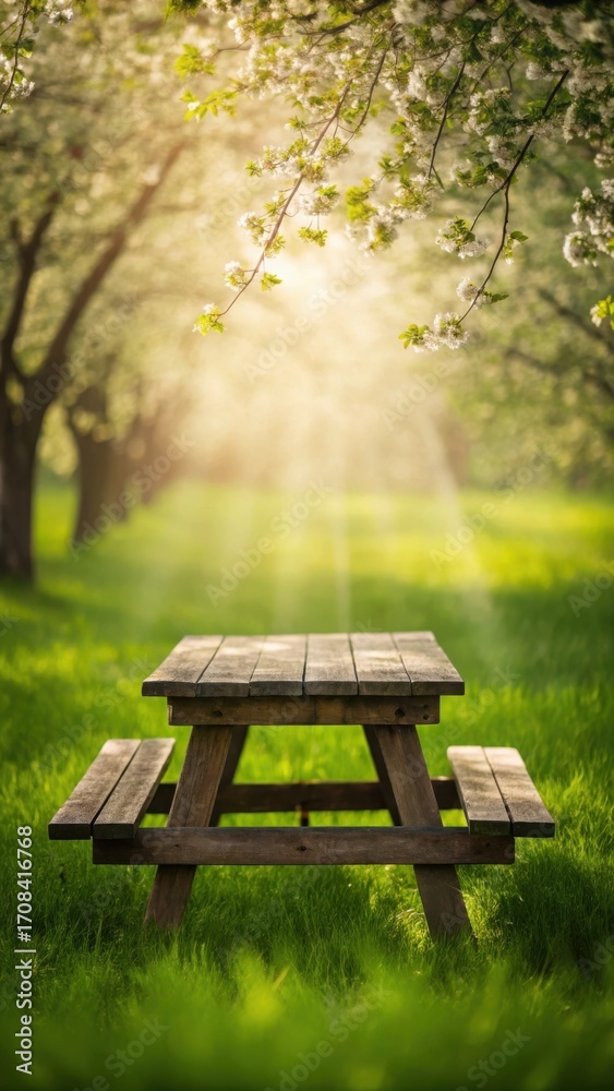 Naklejka premium Wooden picnic table in a blooming orchard with sunlight streaming through the trees, creating a tranquil scene