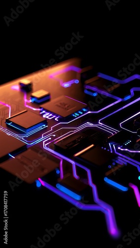 Intricate Circuit Board Design with Neon Colored Traces and Components