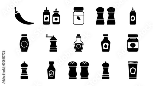 Collection of Spice and Condiment Icons in Black and White