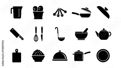 A versatile set of black silhouette icons depicting essential kitchenware and culinary tools