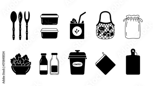 Collection of kitchen and food preparation accessories for a healthy lifestyle