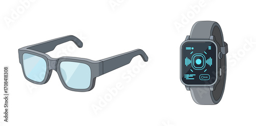 Futuristic smart glasses and smartwatch wearable technology vector illustration