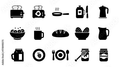Breakfast Still Life Food and Drink Icons with Shadowless Design