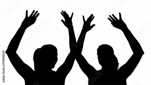 Silhouette of two people with arms raised in the air against a white background in a celebratory pose